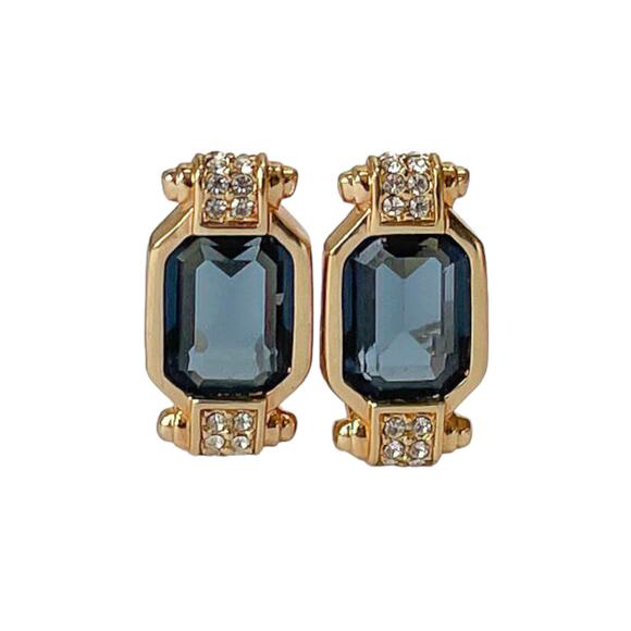 1980s Sapphire Blue & White Rhinestones Gold Plate Retro Art Deco Clip Earrings - Picture 1 of 3